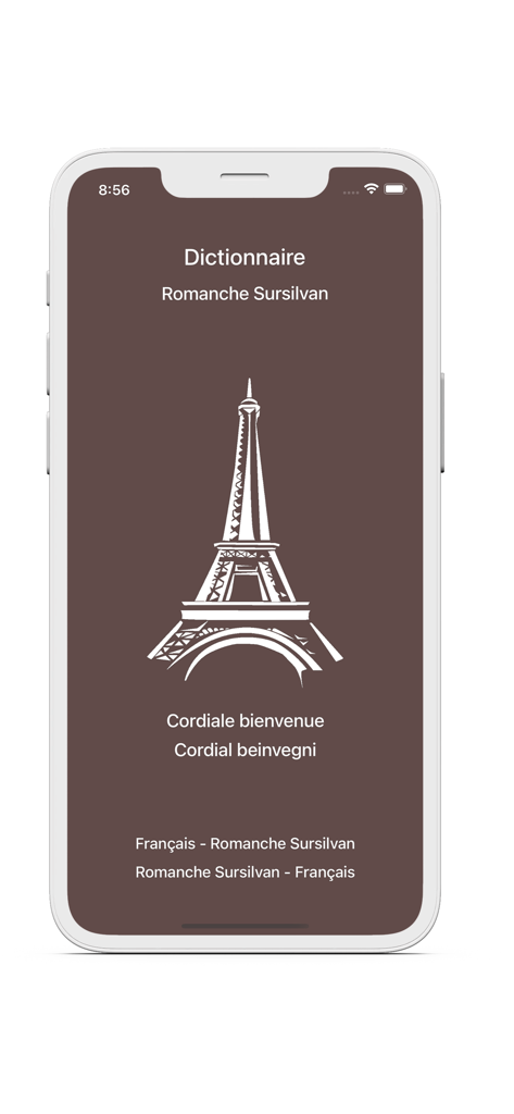 Écran de démarrage de l'application de dictionnaire français-romanche présentant une illustration de la Tour Eiffel et un texte de bienvenue bilingue.