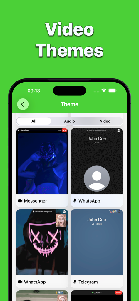 Screenshot of Faker 3 showing realistic video and audio call themes for Messenger WhatsApp and Telegram