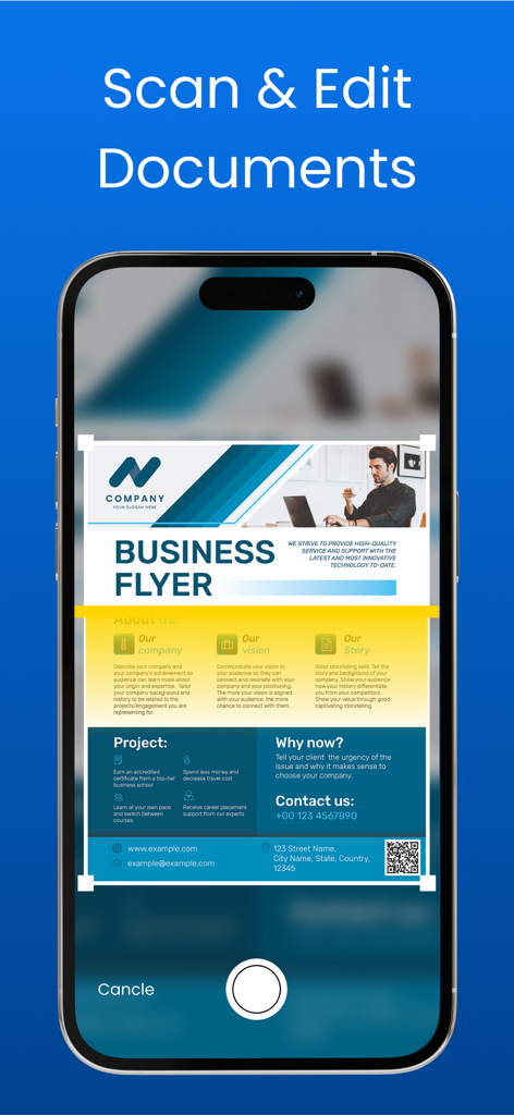 Printer:  Wireless App Prints. - iPhone screen showing a business flyer being scanned by the wireless printer app