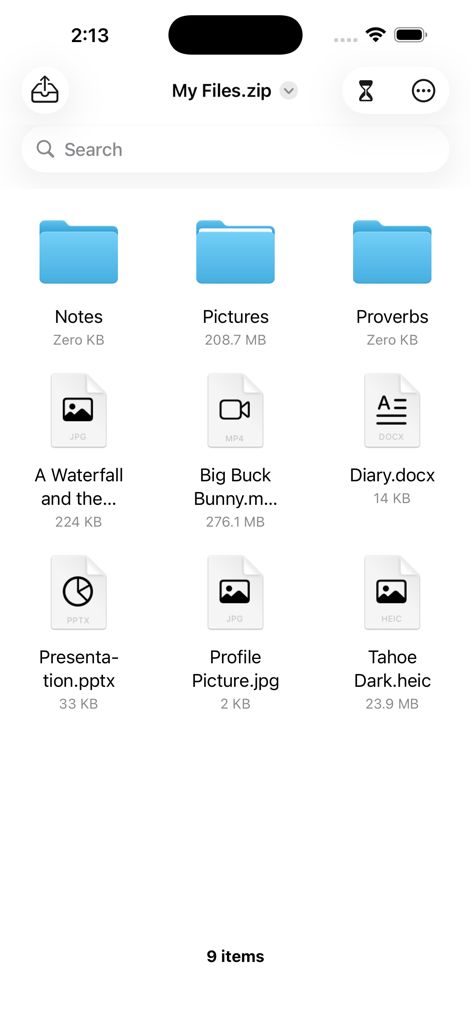 Unarchiver - ZIP, RAR - Interface of the Unarchiver app showing folders and various file types like JPG, MP4, and DOCX inside a ZIP archive.