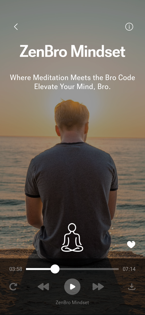 瞑想する男アプリのインターフェース。「ゼンブロマインドセット」と呼ばれる瞑想セッションが表示されています。