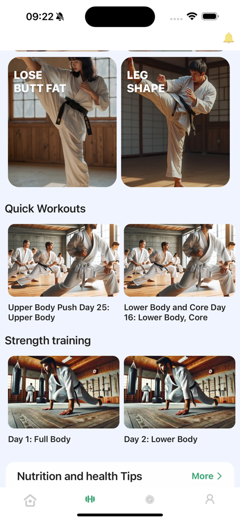 Learn Karate Mastery At Home - Interface of Learn Karate Mastery app showing workout categories and fitness tips.