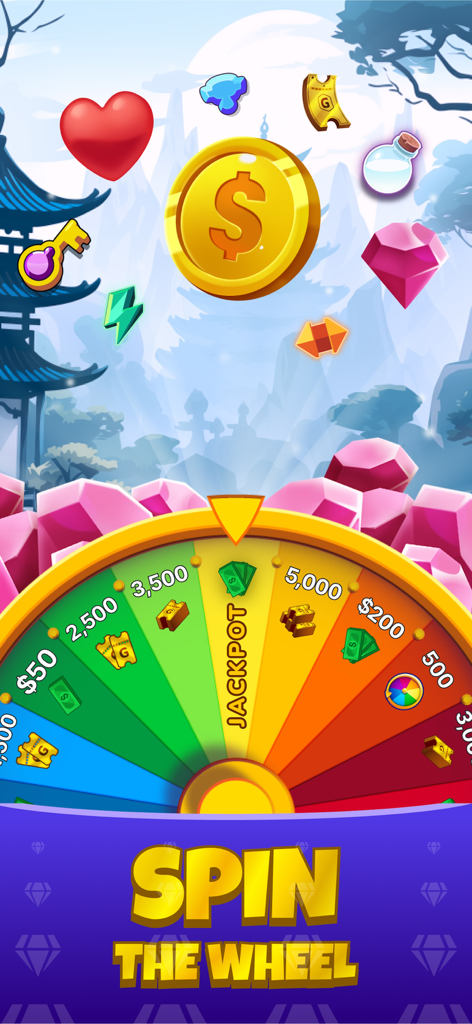 Une roue de prix colorée dans l'application Monkey Match montrant de l'argent et des récompenses en tickets