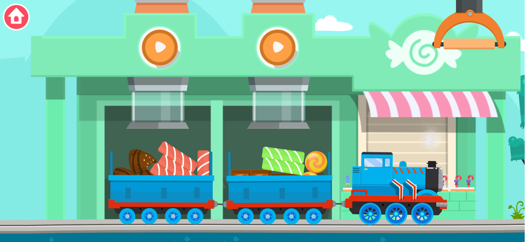 Un train de dessin animé bleu tirant des wagons remplis de bonbons et de sucettes colorés.