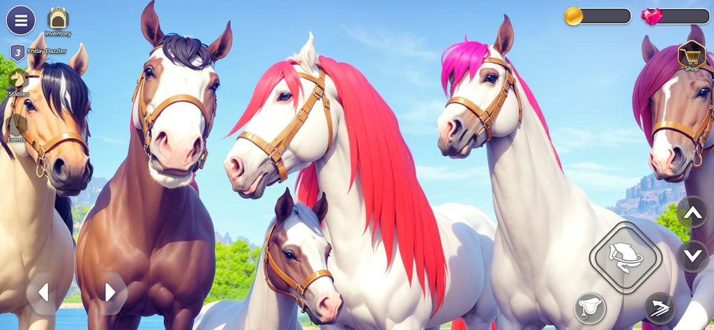 My Fantasy Girls Horse Care 3D - Um grupo de cavalos coloridos no jogo My Fantasy Girls Horse Care 3D