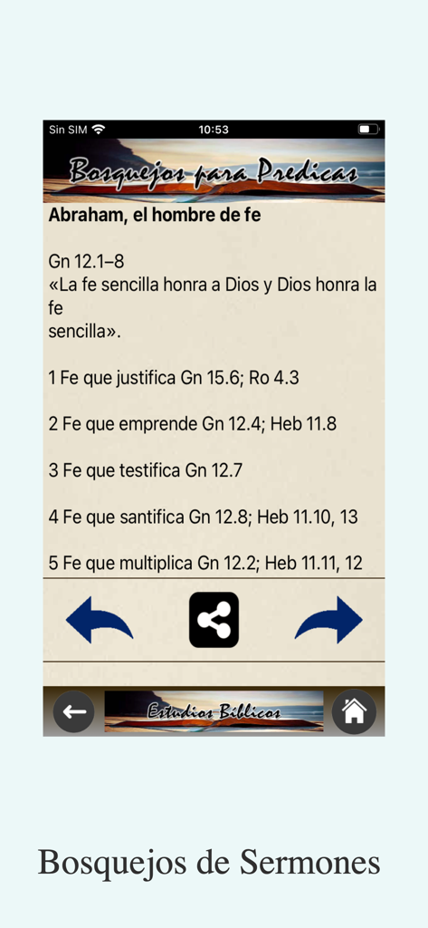 Estudios Bíblicos Evangélicos - Una pantalla de aplicación móvil que muestra un bosquejo de sermón titulado Abraham el hombre de fe en español con referencias bíblicas