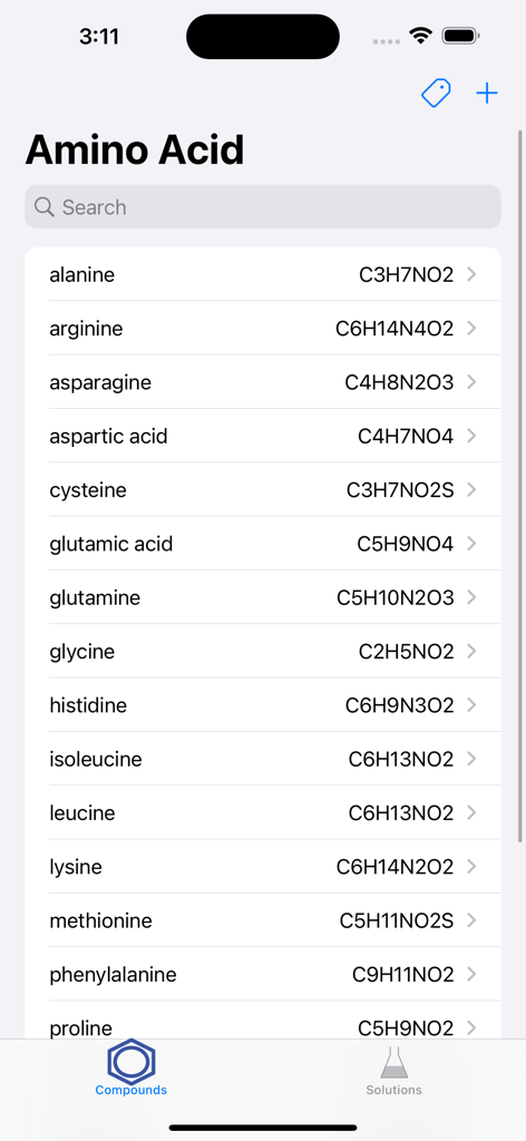 Search PubChem - A list of amino acid compounds and their molecular formulas displayed in the Search PubChem mobile app interface.