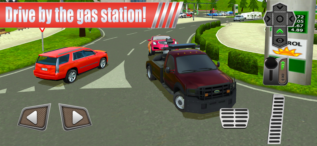Gas Station: Car Parking Sim - 車両シミュレーションゲームでガソリンスタンド内を走行するレッカー車。