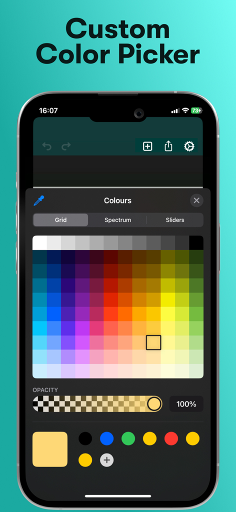 Blur Text - Interfaz de la aplicación Blur Text que muestra una cuadrícula de selección de color y una herramienta de ajuste de opacidad para la personalización del marcado.