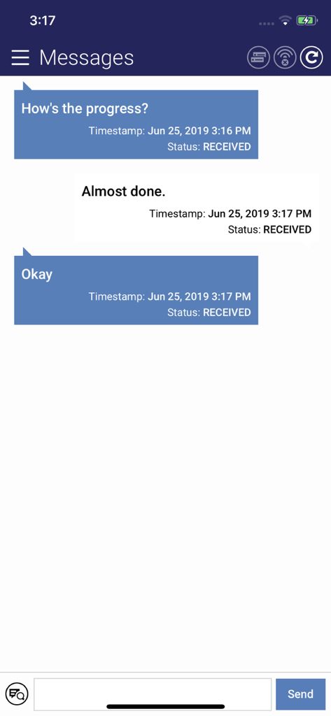 Real-time messaging interface for supply chain updates in the Quintiq mobile app.