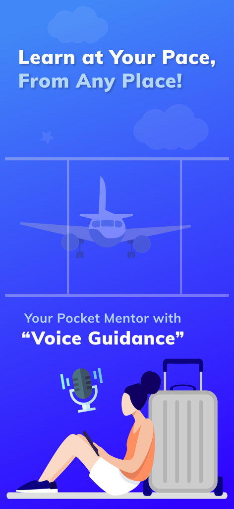 Programming Hub: Learn Coding - Una mujer aprendiendo programación mediante guía de voz en un aeropuerto.