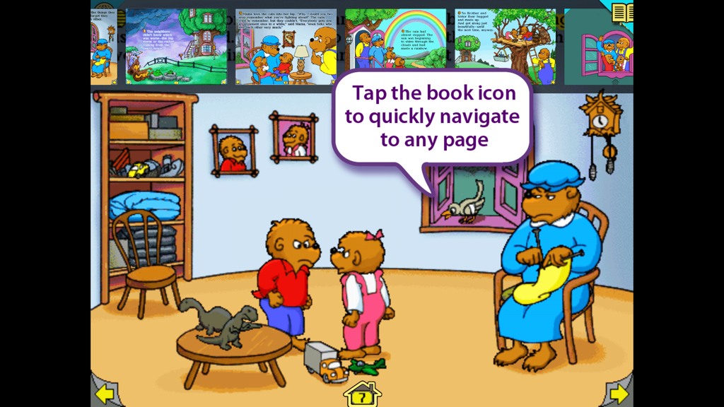Una escena de la aplicación de libro de cuentos interactivo de los osos Berenstain que muestra a Hermano y Hermana Oso discutiendo con una burbuja de diálogo de tutorial de navegación