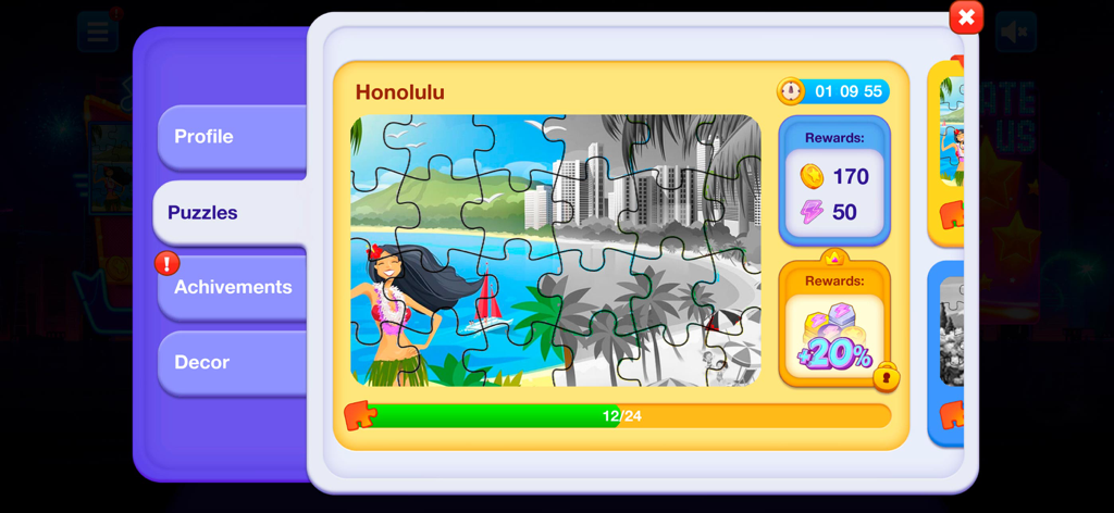 Bingo Star - Bingo Games - A Honolulu themed jigsaw puzzle screen in the Bingo Star app showing coin and energy rewards with collection progress