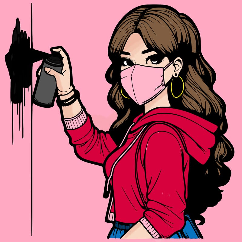 realistic girl with mask spray painting a wall