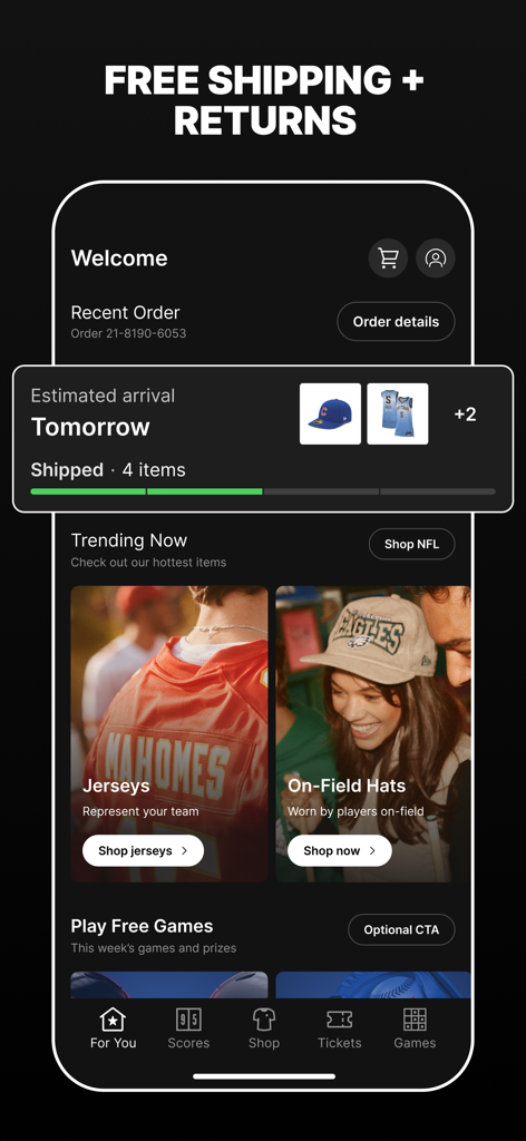 Fanatics app interface showing order tracking status with estimated arrival and trending sports jerseys and hats sections