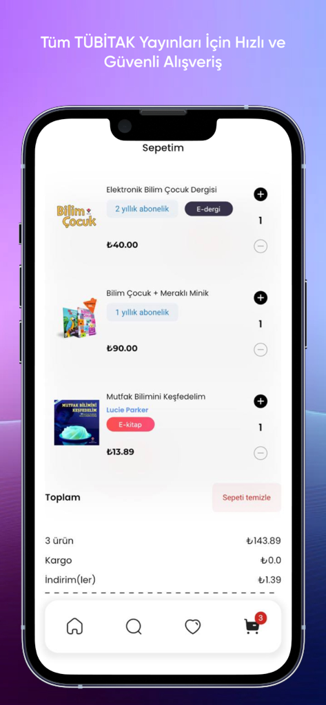Shopping cart screen of the TUBITAK Yayinlar app displaying science magazine subscriptions and ebooks.