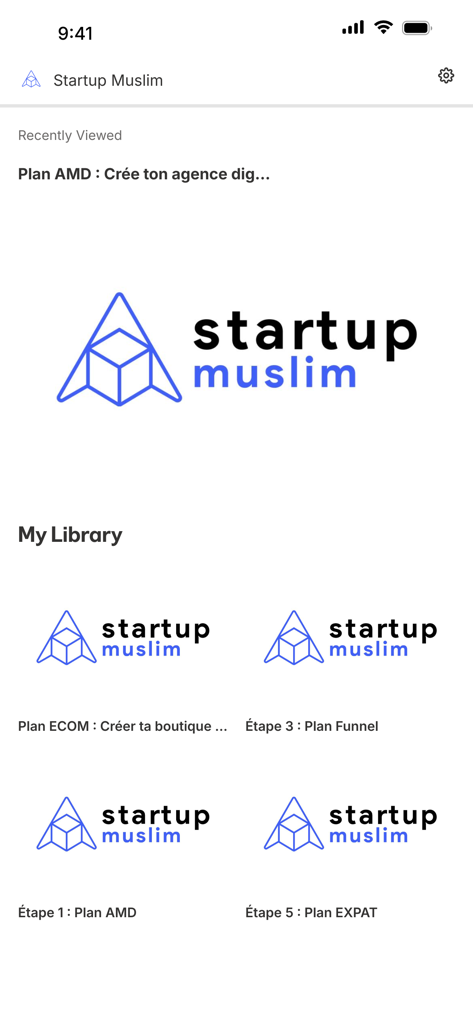 Startup Muslim app library showing business training courses