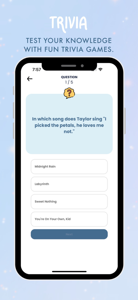 Swift Alert - Taylor Swift lyrics trivia quiz on the Swift Alert mobile app.