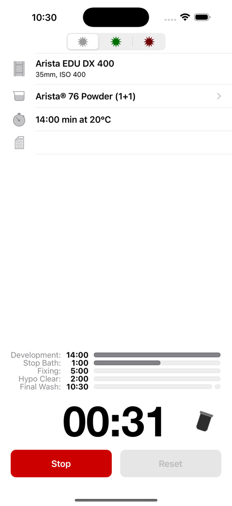 Massive Dev Chart Timer - Film development timer interface for the Massive Dev Chart app showing processing steps