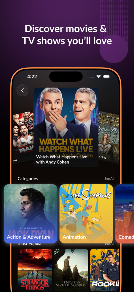 Écran d'accueil de l'application MovieBox montrant les catégories de films et séries et des titres populaires comme Stranger Things et Les Simpson.