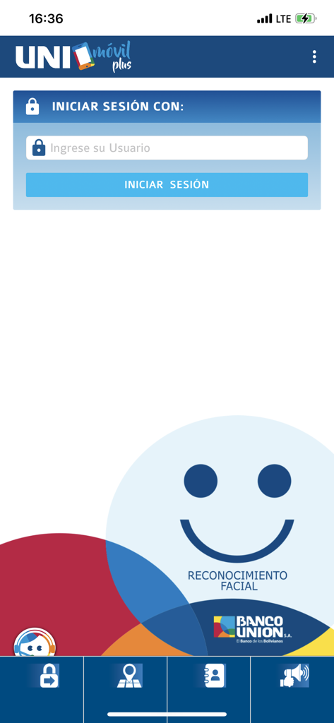Login screen of the UNImovil Plus app featuring facial recognition and user login options