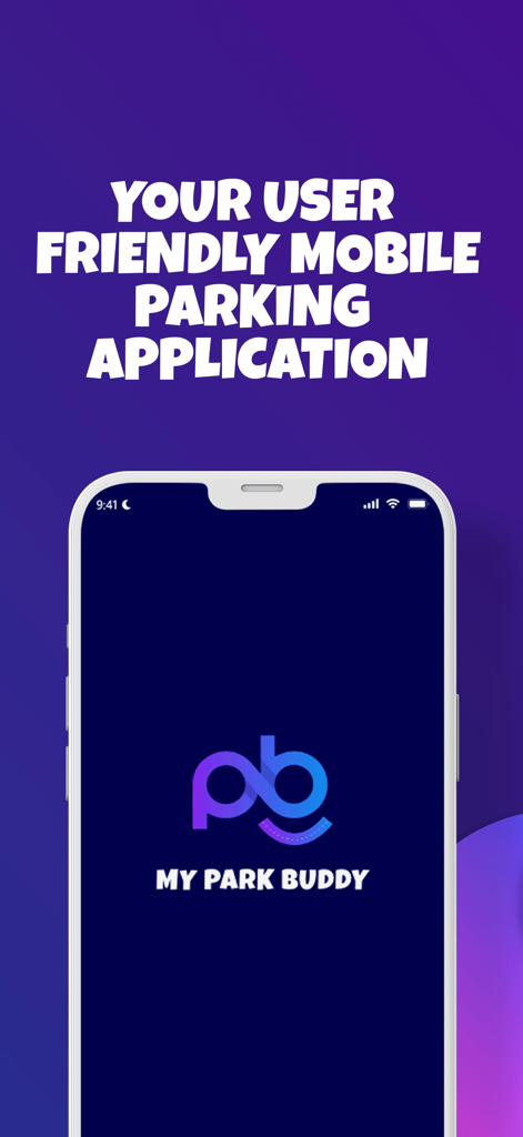 My Park Buddy - Tela inicial do aplicativo móvel My Park Buddy exibindo o logotipo e um slogan amigável de aplicativo de estacionamento.