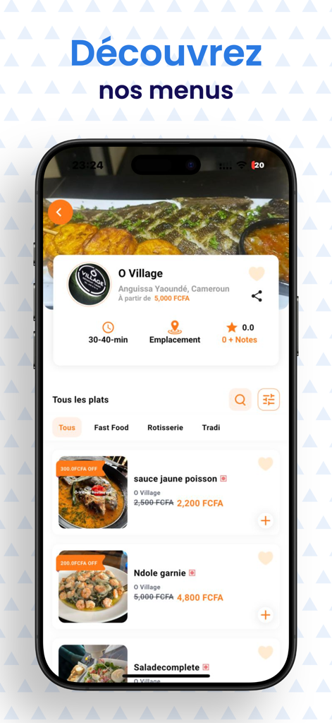 Tchop Xpress app interface displaying a restaurant menu with authentic Cameroonian dishes like Ndole and fish