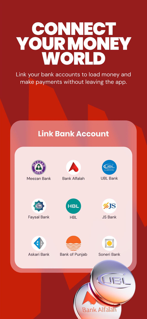 A screenshot of the NayaPay app showing a list of major Pakistani banks available to link for seamless money transfers.