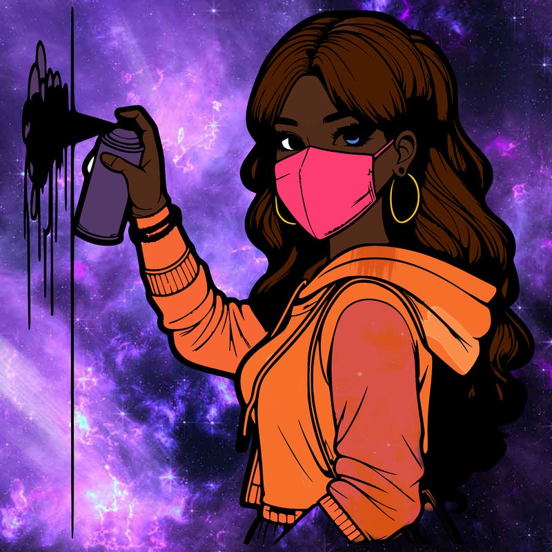 realistic girl with mask spray painting a wall