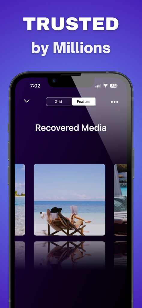 Mobile app interface for Photo Recovery Pic Restore showing a gallery of recovered media and the headline Trusted by Millions