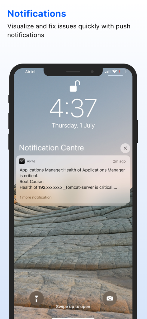 iPhone lock screen showing a critical server health push notification from ManageEngine Applications Manager