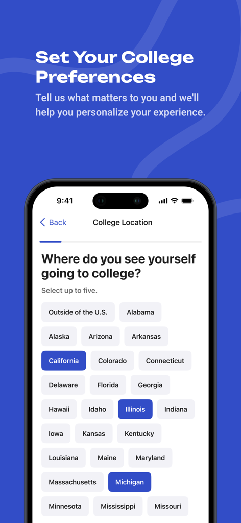 Mobile screen of the BigFuture School app showing a list of US states to set college location preferences