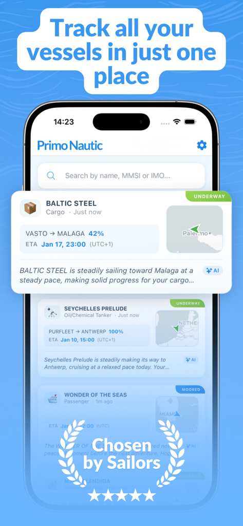Primo Nautic app interface for real-time vessel tracking and ship status monitoring