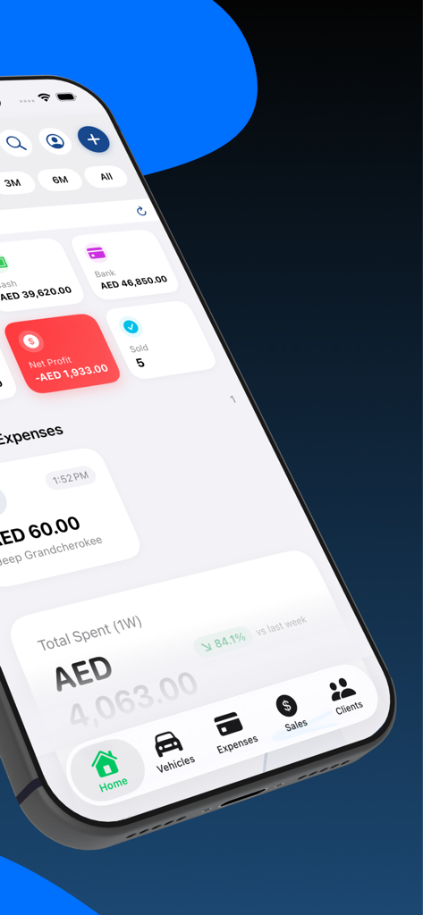 Car Dealer Tracker - Tableau de bord mobile de l'application Car Dealer Tracker affichant des métriques financières, y compris les profits nets, les dépenses et les ventes de véhicules.
