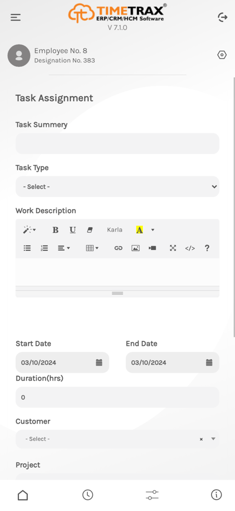 TimeTrax app interface showing task assignment details and work description editor