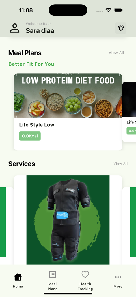 Antifat Egypt - Tela inicial do aplicativo Antifat Egypt exibindo planos de refeição e serviços de saúde