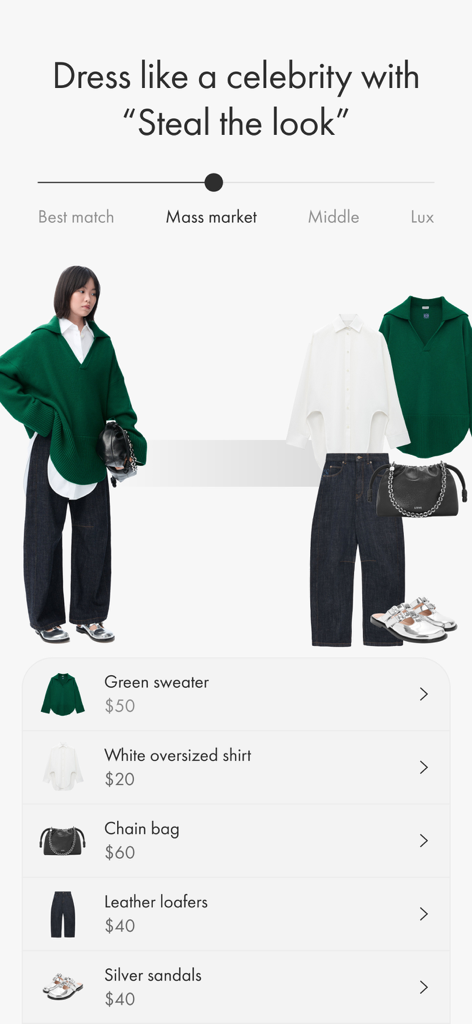 MUSH — AI-Powered Wardrobe - MUSH app Steal the Look feature displaying mass market outfit alternatives and prices