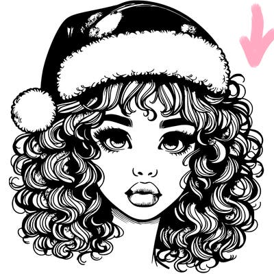 realistic girl with a santa hat curly hair and lips