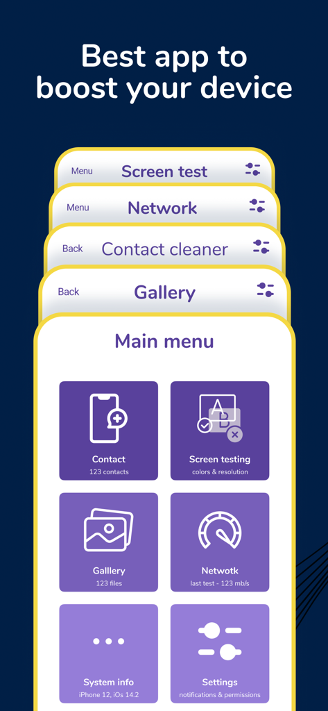 Phone Boosterアプリのインターフェイス。連絡先クリーナー、ギャラリー最適化、ネットワークテストなど、さまざまなユーティリティ機能が表示されています。