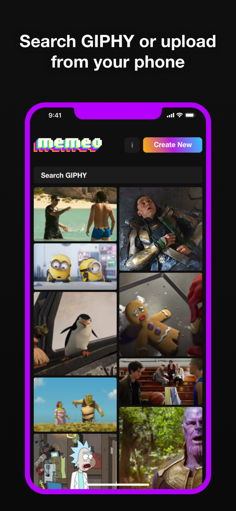 Memeo - Your meme maker - Memeoアプリの検索画面で、ミーム作成のために人気映画や番組のGIFテンプレートのグリッドを表示