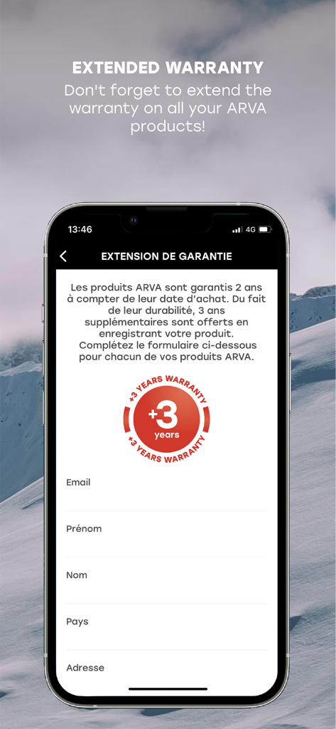 Interface da aplicação ARVA mostrando o formulário de registo de produto para uma extensão de garantia de três anos.