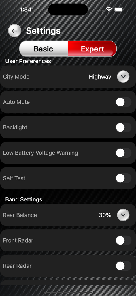 Uniden R/TACH - Uniden RTACH app expert settings screen for customizing radar detector preferences