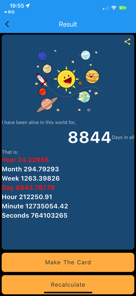 Countdown - When Will I Die? - A screenshot from the Countdown app showing a detailed breakdown of time lived in years, months, weeks, and seconds.