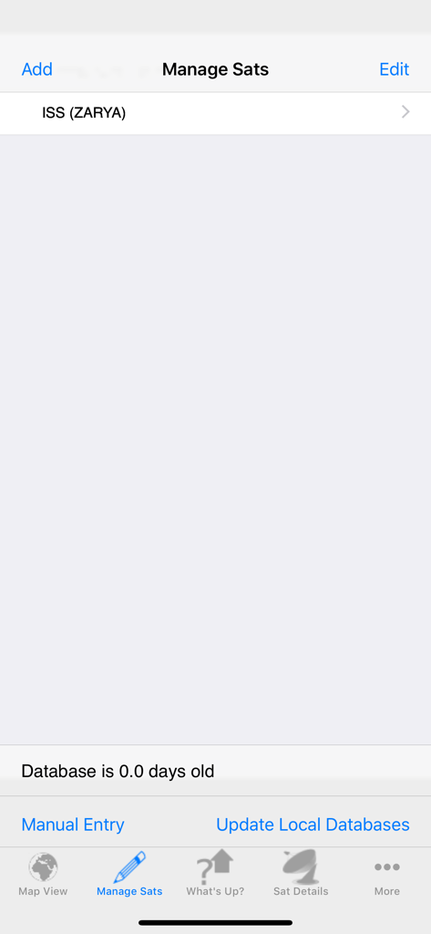 Satellite Tracker - Manage satellites screen of the Satellite Tracker app showing the International Space Station in the tracking list