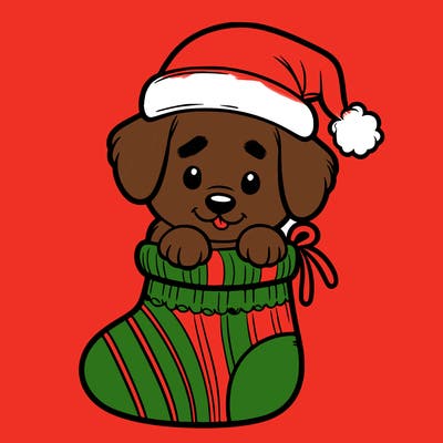 cute puppy wearing santa hat in socking