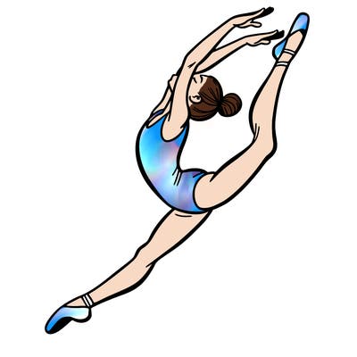 gymnast doing a leap in a leotard with a bent back leg