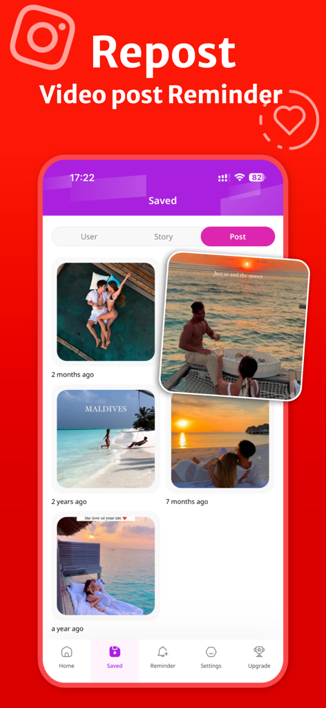 InSaver - Repost & Save - InSaver app interface displaying saved Instagram posts and the repost reminder feature