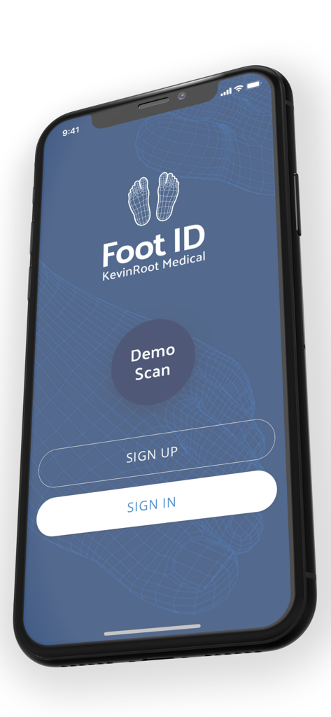 Welcome screen of the Foot ID app by KevinRoot Medical featuring a 3D foot wireframe and sign-in buttons.
