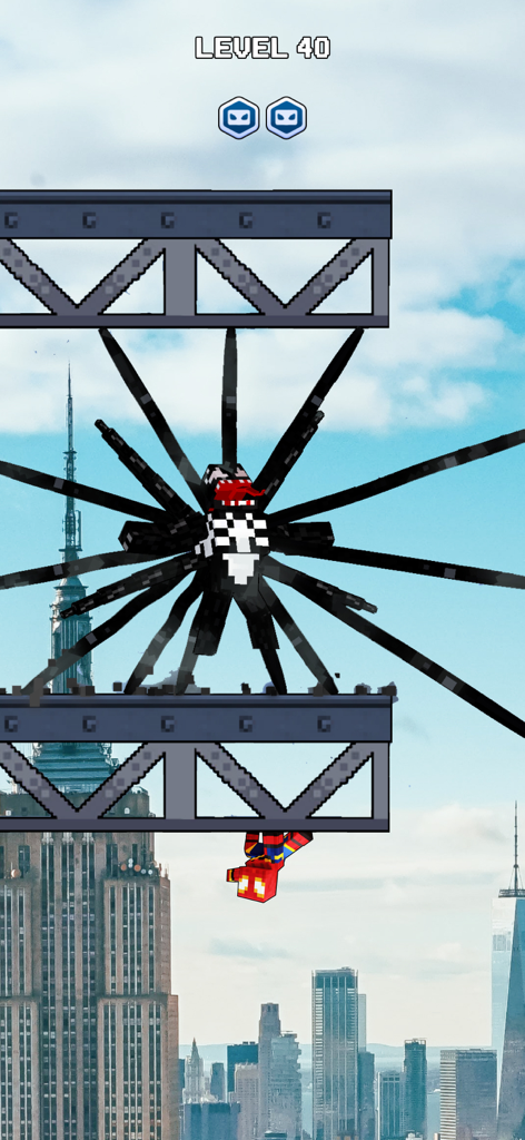 Mr Spider Hero Shooting Puzzle - Un eroe ragno pixelato appeso sotto un grande nemico boss in un livello di grattacieli cittadini.