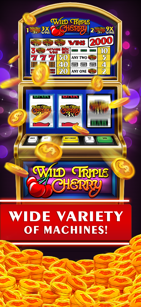 Slots - Classic Vegas - Máquina tragamonedas clásica de 3 rodillos Wild Triple Cherry con monedas de oro en cascada